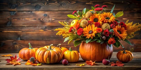 Wall Mural - A beautiful bouquet of fall flowers in a pumpkin vase, surrounded by pumpkins and autumn leaves, against a rustic wooden background.