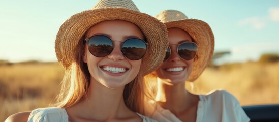 Poster - Two young women in sunglasses and straw hats smile at the camera while riding in a car on a sunny day.