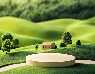 Wall Mural -  Empty podium against a green farm background for product presentation. Mockup platform with a village house and a road,