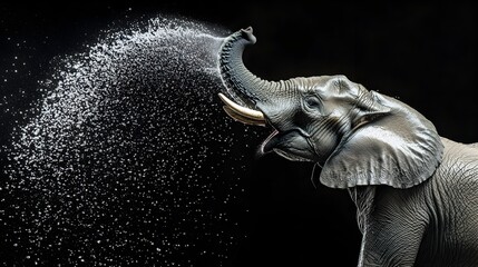 Wall Mural - Powerful Elephant Spraying Water from Trunk in Black and White