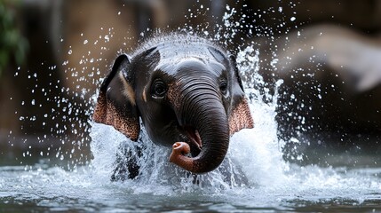 Wall Mural - Powerful Elephant Jumping and Splashing Water in Tropical Environment