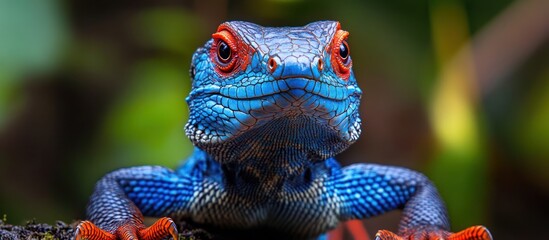 A vibrant blue lizard with red eyes and orange claws looks directly at the camera.