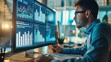 Wall Mural - A businessperson analyzing data on a computer screen, making decisions