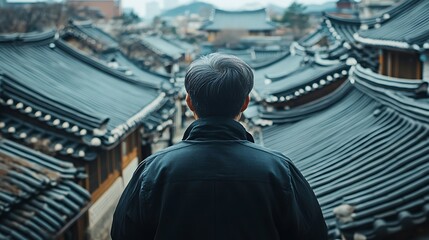 Man Observing a Cityscape of Traditional Korean Architecture