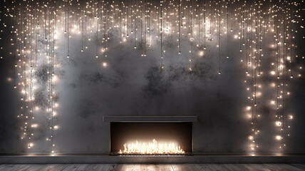 Wall Mural - christmas fireplace decoration with lights glowing on a gray background wall