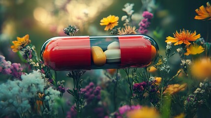 Poster - Pill in a Field of Flowers: A Symbol of Healing and Renewal