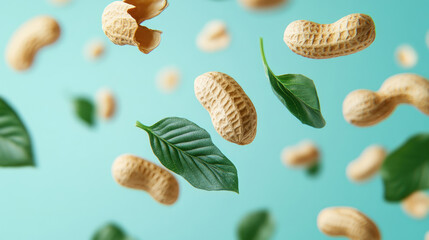 A bunch of peanuts and leaves are flying in the air. The peanuts are scattered in different directions, while the leaves are floating above them