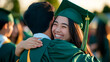 © Eva - Fotografía de una joven feliz con toga y birrete de graduación verde abrazando a su novio en el instituto, captada con una cámara sin espejo Canon EOS R6 Mark II.