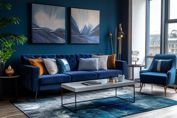 Wall Mural - Beautiful Blue Accented Living Area with Coffee Table, Couch and Chairs of Home. generative ai