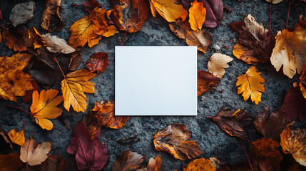 Wall Mural - Blank White Card Amid Fallen Colorful Autumn Leaves On Textured Ground