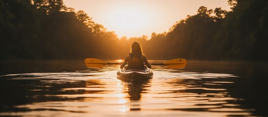 Sticker - A woman paddles a kayak towards a sunset on a lake.