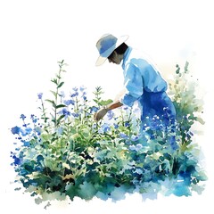 Wall Mural - Watercolor painting of a person gardening amongst blue flowers.