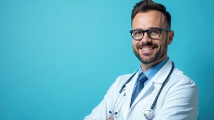 Confident male doctor with friendly smile against teal background with copy space