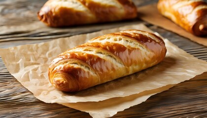 Wall Mural - Delicious Golden Flaky Sausage Roll Nestled on Rustic Brown Kraft Paper