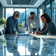 Poster - People in an office setting planning ideas and improvements.