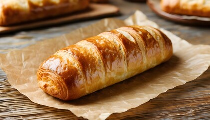 Wall Mural - Delicious Golden Flaky Sausage Roll Nestled on Rustic Brown Kraft Paper