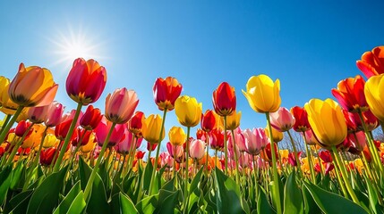 colorful tulip field in full bloom with vibrant flowers under a clear blue sky in spring nature