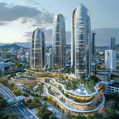 Aufkleber - The three towers with podiums, commercial buildings, and green spaces around them, with high-rise office building design.