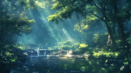 Tranquil Forest River with Sunlight and Lush Greenery