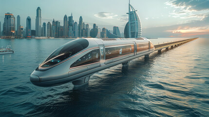 Aufkleber - A city floating on the ocean and connected by a high speed train.