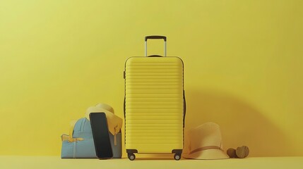 Travel concept , Traveling suitcase with smartphone and travel accessories on yellow background  