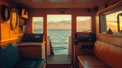 Sticker - Sunset glow filtering into the cabin boat's interior, with the open sea visible from the entrance 