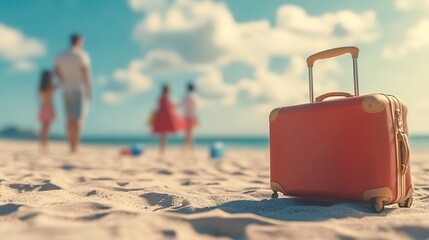 Poster - Summer holiday concept scene, illustrating suitcase on the beach and happy family at blurred second plan. 