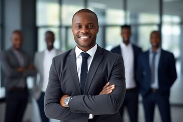 Canvas Print - Smiling confident african businessman looking at camera and standing in an office at team meeting smiling adult businesswear.