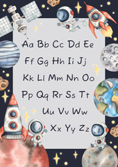 Wall Mural - Space watercolor hand-drawn english alphabet with cute space elements. ABC galaxy vertical a4  poster for kids