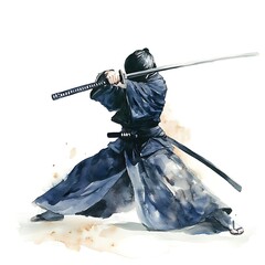 Poster - Watercolor Illustration of a Samurai Warrior in Combat.