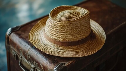 straw hat on an old leather suitcase - travel concept 