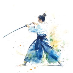 Sticker - Watercolor Painting of a Woman Practicing Kendo.