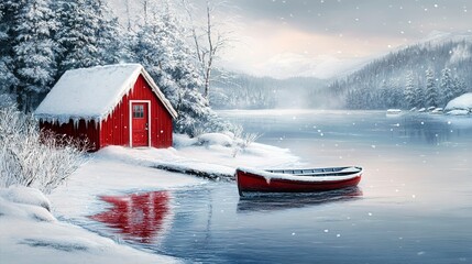 Canvas Print - Snowy lake scene featuring a red cabin and boat, winter, snow, lake, cabin, boat, red, tranquil, peaceful, serene, nature, cold, frozen  