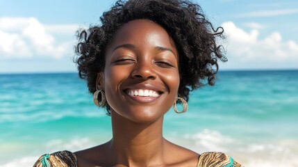 Wall Mural - smiling black woman on beach 