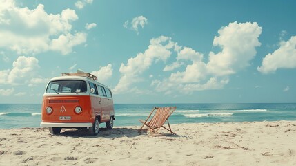 Poster - Small hippie minivan on the beach on a sunny summer day with a sunbathing chair. Summer holiday concept at sea or ocean - 