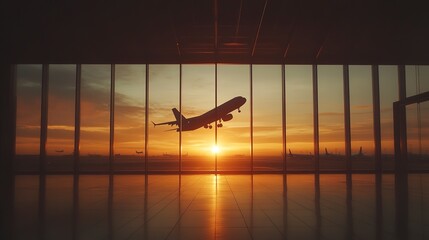 Canvas Print - Silhouette of a plane taking off or landing in sunset sky from empty airport lobby, concept of taking off, start up, travel, go back home, with copy space.  