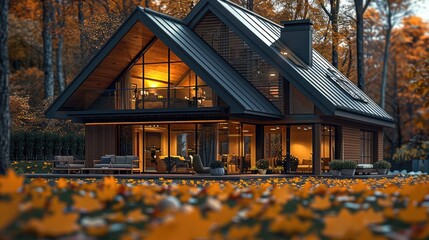 Poster - Modern nordic new cozy house in autumn nature with yellow leaves, warm light visible from windows.