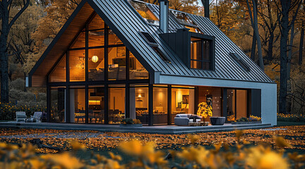 Modern nordic new cozy house in autumn nature with yellow leaves, warm light visible from windows.