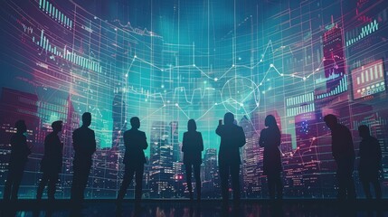 Leinwandbilder - A group of silhouettes working together, with a large financial graph or data chart in the center. The chart represents growth, collaboration. Digital elements like lines, numbers, and graphs.