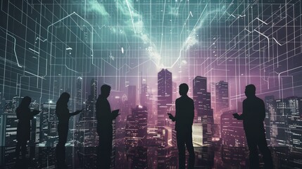 Leinwandbilder - A group of silhouettes working together, with a large financial graph or data chart in the center. The chart represents growth, collaboration. Digital elements like lines, numbers, and graphs.