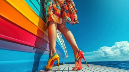 Poster - Rich, posh, fashionable woman wearing trendy clothes with vibrant suitcase and colorful heels boards a cruise ship for a sunny vacation, low angle view  