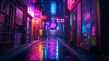 Wall Mural - a narrow, wet alleyway in a city at night, lined with brick buildings and glowing neon signs