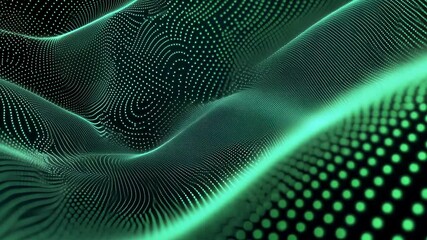 Wall Mural - a green, digital wave formed from dots flows on a black background