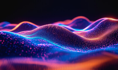 Glowing digital waves of neon light, colorful particles, and futuristic cosmic landscape