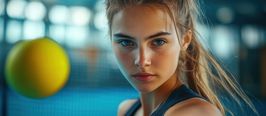 Wall Mural - Close-up portrait of a young woman with blue eyes looking directly at the camera. A yellow ball is out of focus in the background.