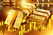 © Grispb - Gold bars. Growth rate in prices for precious metals. Golden background. Gold bars with markings. Growth in investment income. Pure 999 gold. Golden backdrop. Investments, trading. 3d image