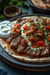 Wall Mural - A flatbread topped with sliced steak, tomato salsa, yogurt, and cilantro.