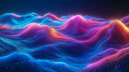 Poster - Futuristic neon waves and glowing particles in a surreal, cosmic dreamscape of digital energy