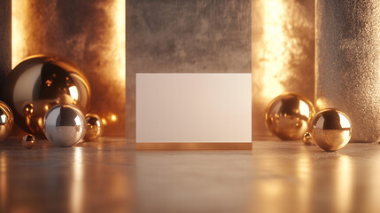 Wall Mural - Golden Glow Abstract Design with Metallic Orbs and Blank White Card