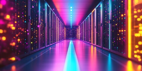 A long hallway with rows of server racks, illuminated by vibrant pink and blue neon lights.